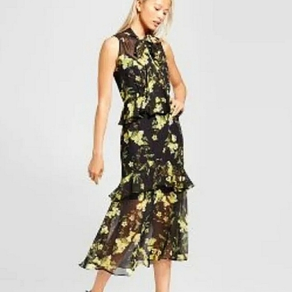 FLORAL MAXI DRESS WHO WHAT WEAR Black Yellow Size Large